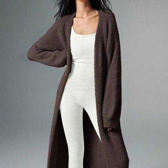 Coffee Brown Casual Women's Plush Extra Long Knit Cardigan - Picture 3 of 7
